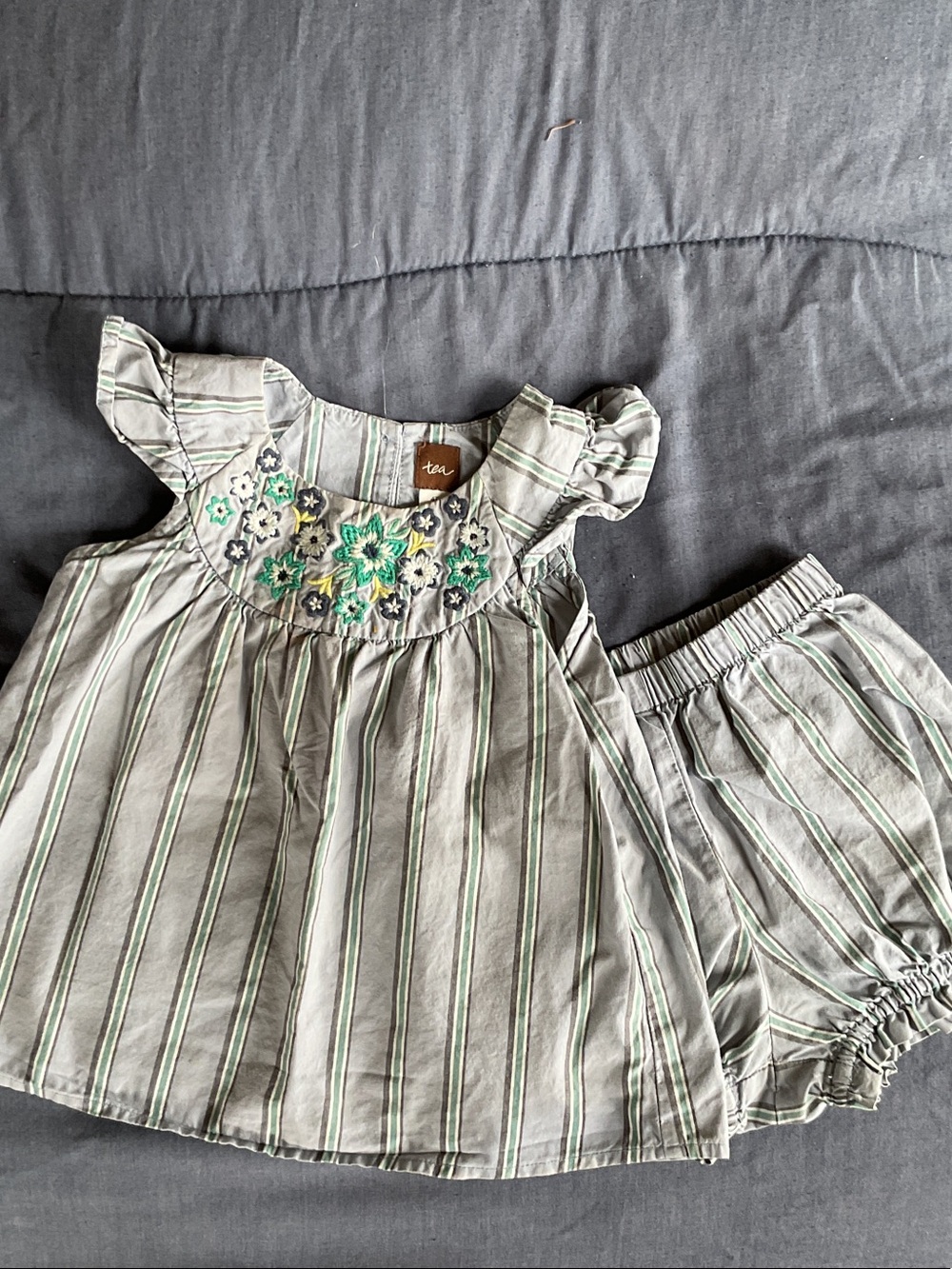 Tea Collection Green-Striped Embroidered Dress with Matching Bloomers